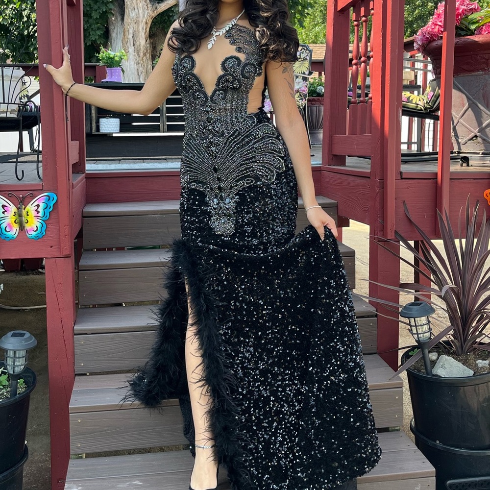 Glamorous Black Sequin Dress with Feather Detail